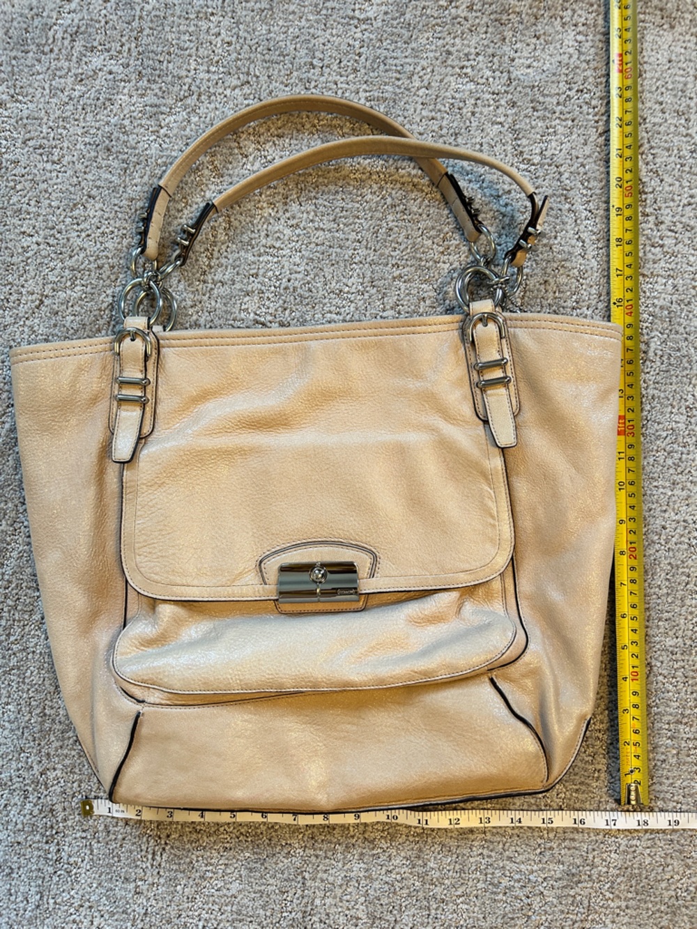 Coach Beige Leather Shoulder Tote with Front Flap Pocket